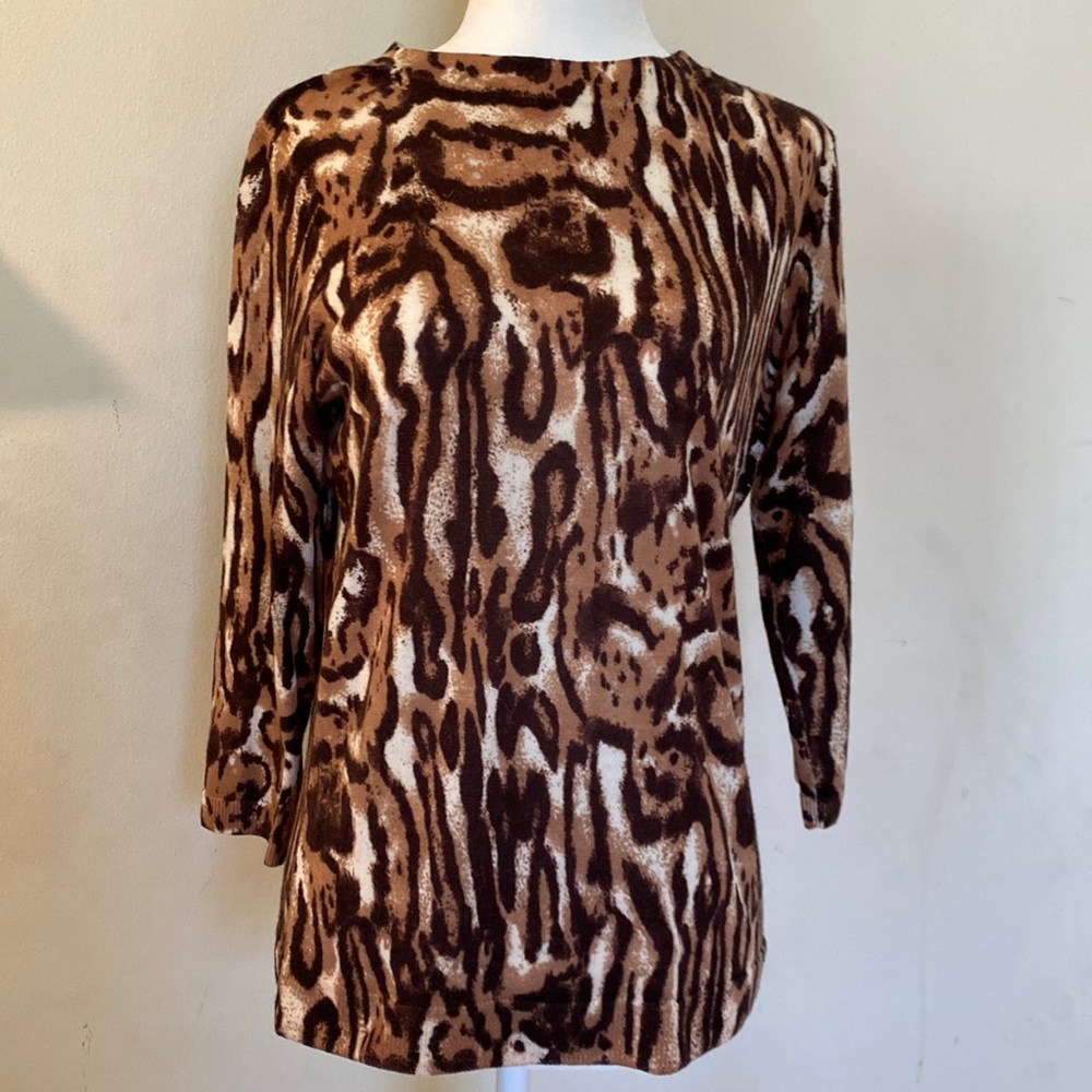 Talbots brown tan ivory animal print fine wool lightweight sweater Size MP